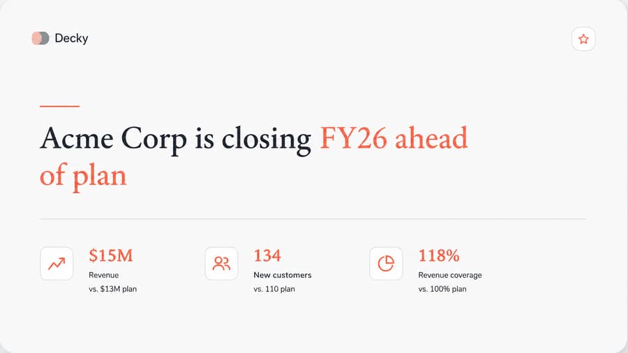 Acme Corp FY26 performance slide with revenue metrics