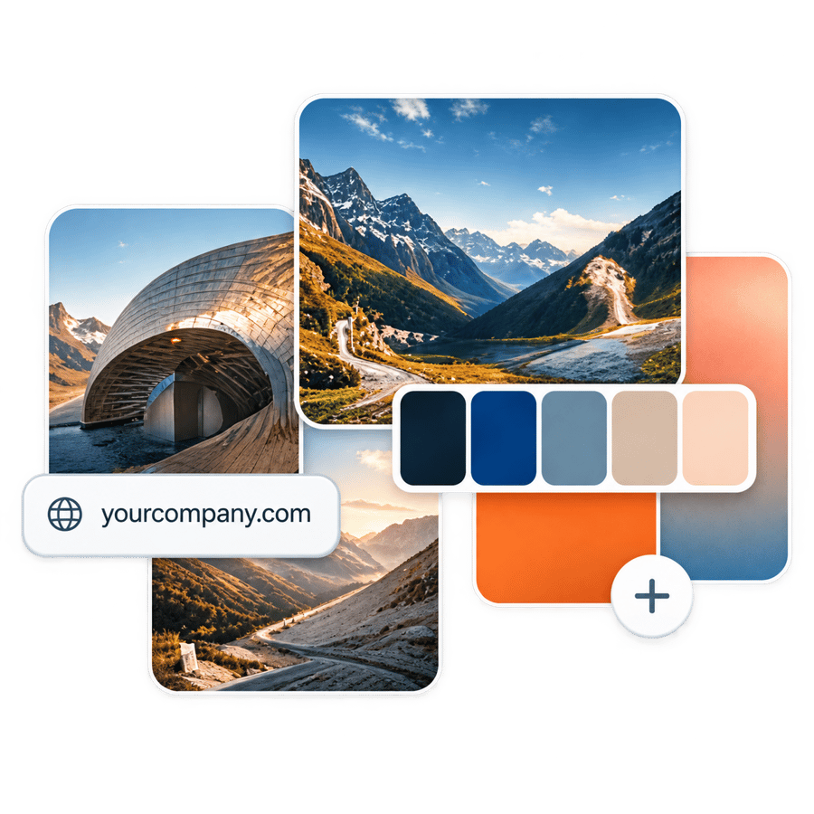 Moodboard collage of imagery, a website URL and a color palette