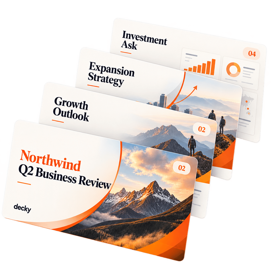 Fanned stack of on-brand presentation slides