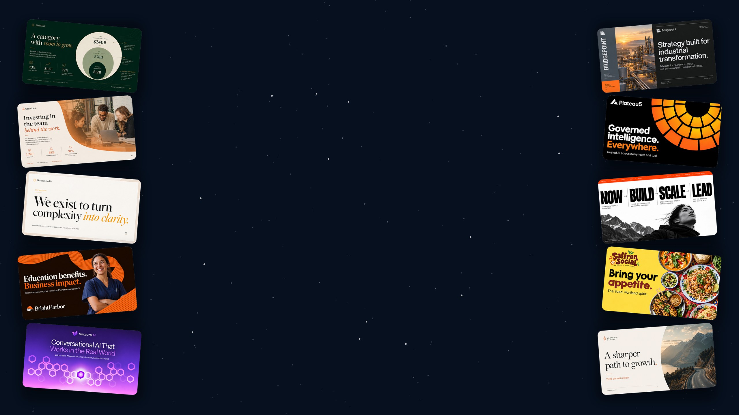Brand example slides from decks Decky has built, arranged in two tilted columns on a night sky