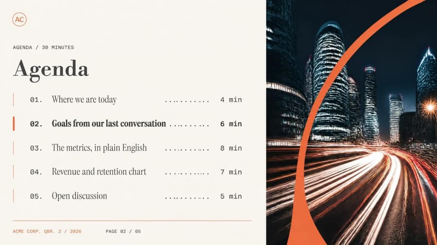Branded key metrics slide